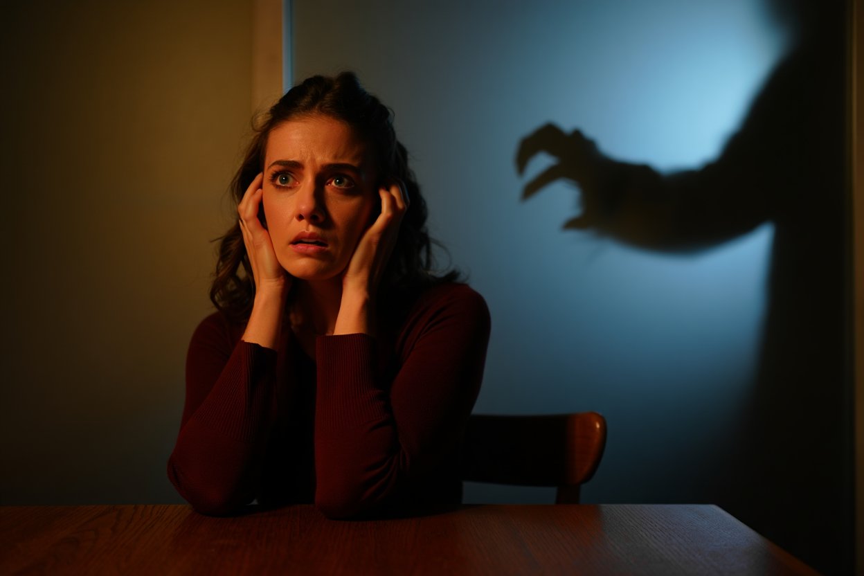 Испуганная женщина с угрожающей тенью на стене